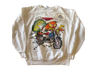 Vintage ‘78 Santa Biker Garfield Christmas Freeze NY USA Made L White Crewneck