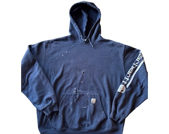 Vintage Carhartt Thrashed White Logo Sleeve Hit XL Navy Hoodie Fader