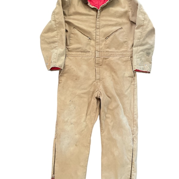 Price Reduced! Vintage Walls Blizzard Pruf Faded Caramel Canvas Red Insulated Made in the USA XXL Work Coveralls with Corduroy Collar