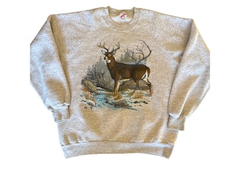 Vintage Nature Deer USA Made Jerzees XL Heather Gray Raglan Crewneck