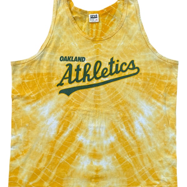 Price Reduced! True Vintage MLB Oakland Athletics Puffy Print Anvil Made in the USA Yellow Tie Dye XL Tank Top