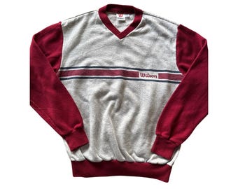 Vintage Wilson Heather Gray Red Sleeve Large V-neck Tennis Sweatshirt Sweater