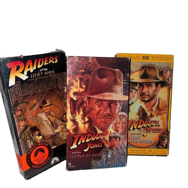 Price Reduced! True Vintage Indiana Jones Bundle Including Raiders of the Lost Ark, Temple od Doom and The Last Crusade Unsealed VHS Tapes