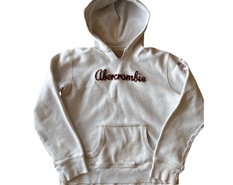 Y2K Abercrombie & Fitch White Cursive Script Embroidered Logo M Cotton Hoodie