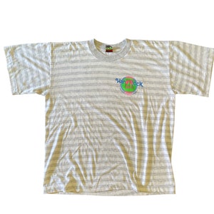 True Vintage Hard Rock Cafe Ixtapa Zihuatanejo Single Stitched White and Gray Striped Neon Printed XL Souvenir Tshirt