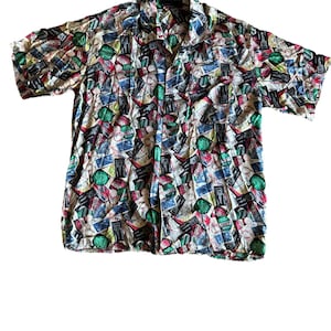 VTG 1990 Nicole Miller Original Roadtrip 100% Silk Button Up Short Sleeve Shirt image 1