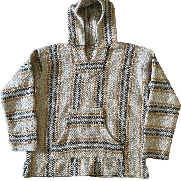 Price Reduced! Vintage Style Earth Ragz Medium Natural Baja Hoodie Drug Rug Pullover with Yellow and Blue Stripes