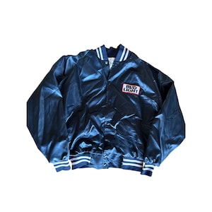 Vintage Bud Light Beer XL Navy Blue USA Made Satin Bomber Jacket Button Snap
