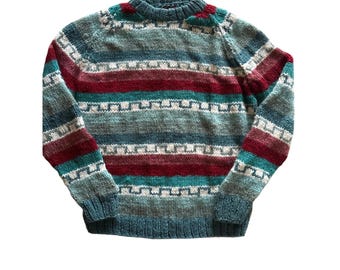 Vintage 80s 90s Southwest Fair Isle Wool Blend Sweater Mens M Teal Red