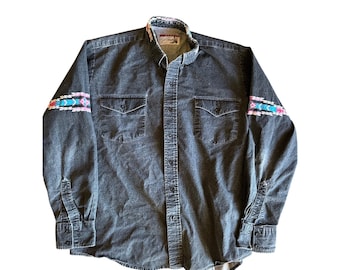 Vintage Pure Country Black Chambray Southwest Aztec Accents XL Button Up LS