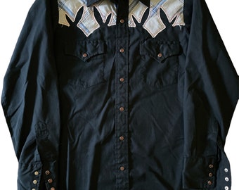 Vintage Champion Westerns Navy Blue with Blue White Tartan Plaid Embroidered Shoulders Medium Western Pearl Snap Button Up