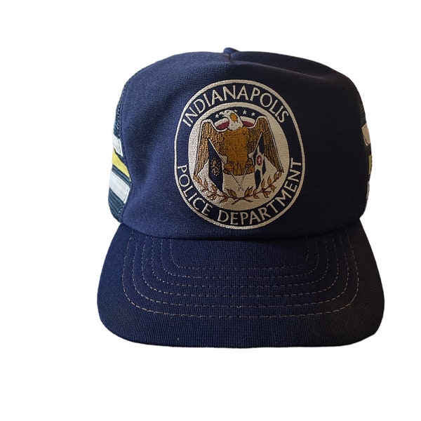 Clearance! True Vintage Indianapolis Police Department Blue Trucker SnapBack Made in the USA Hat with Yellow and White Stripes