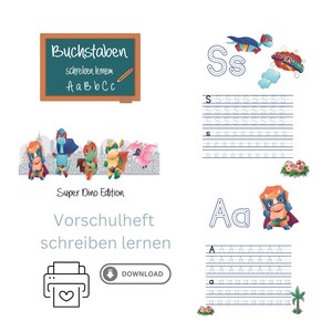 Learning to write preschool booklet school enrollment superhero dino ABC letters learning