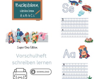 Schreiben lernen Vorschulheft Einschulung Superheld Dino ABC Buchstaben lernen