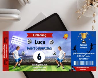 Invitación de cumpleaños infantil, fiesta de fútbol, boleto de partido de fútbol