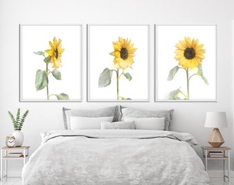 Sunflowers | Bedroom Wall Decor Sunflowers with Leaves |  Yellow watercolor sunflowers to Hang Over the Bed | Set of 3 to Kitchen Decor
