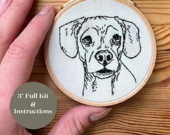 DIY Embroidery Ornament Kit, Pet Portrait Memorial, 3" hoop for beginner friendly crafting