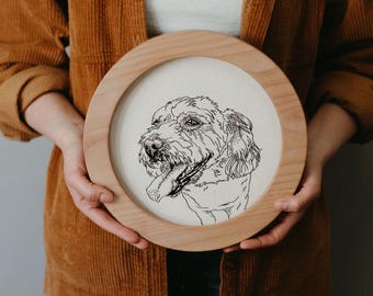 Custom Pet Portrait hand embroidered memorial of your dog, cat, or animal best friend in outline / linework / blackwork.