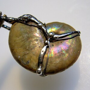 May include: A silver wire wrapped around a iridescent ammonite fossil pendant. The fossil is a light brown color with a rainbow sheen.