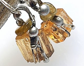 Gold topaz - earrings - with small tourmalines - imperial topaz - delicate raw crystal rods - UNIKAT!