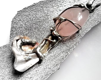 Huge pendant - rose quartz and abalone - very mystical - UNIQUE!