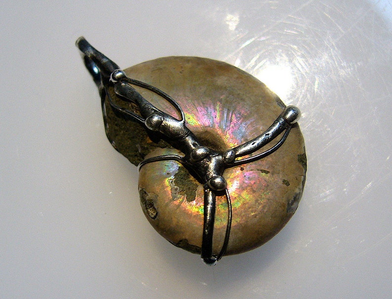 May include: A iridescent ammonite fossil pendant with a silver wire frame. The fossil is a light brown color with hints of pink and green.