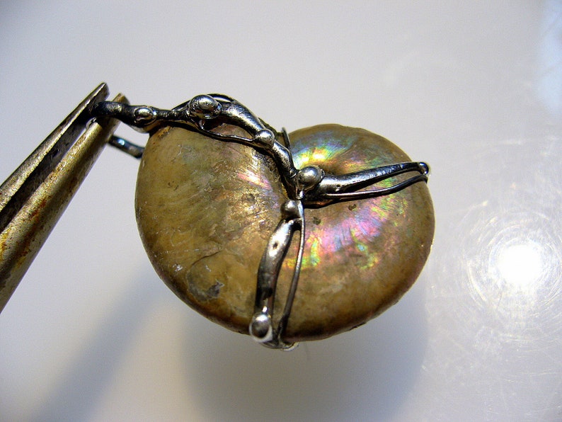 May include: A silver wire wrapped around a iridescent ammonite fossil pendant. The fossil is a light brown color with a rainbow sheen.