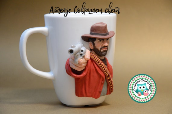 polymer clay mug with cow boy