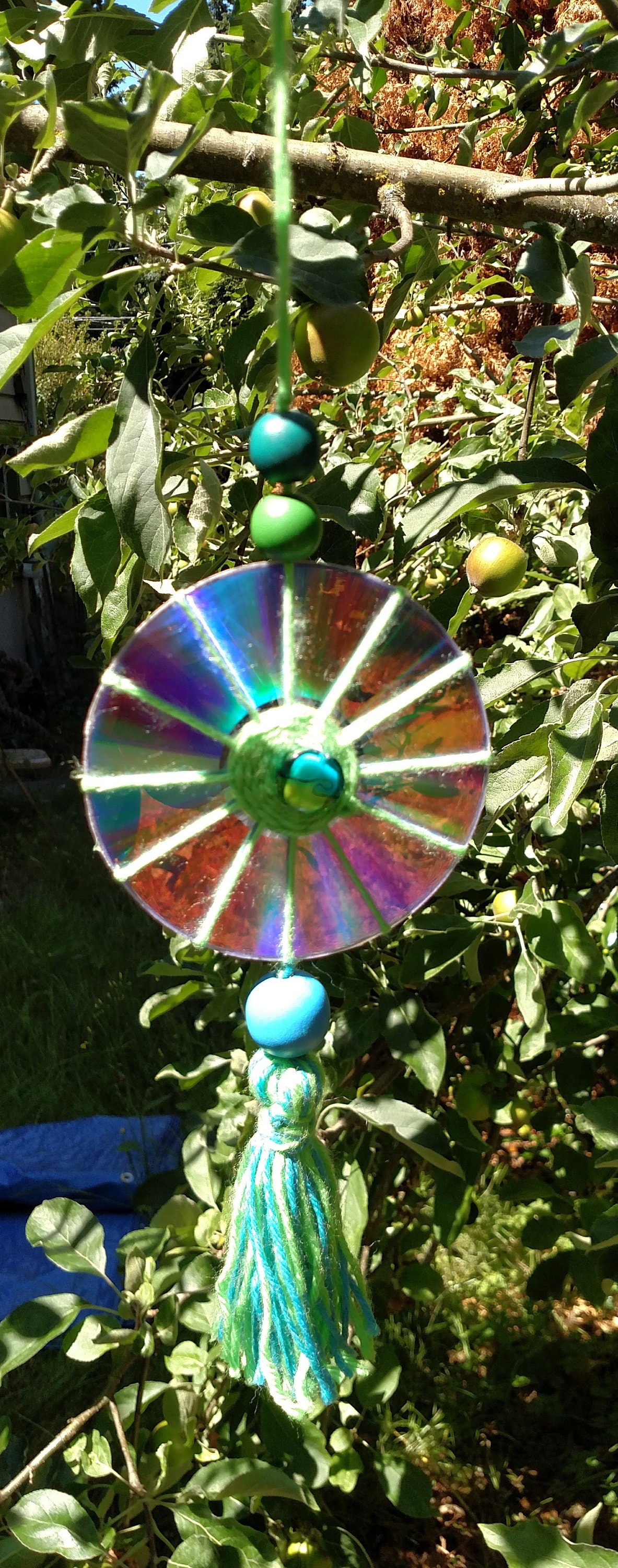 Suncatcher CD Yarn & Foil Blue and Lime Green Shiny Etsy