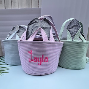Personalized Seersucker Easter Basket with Bunny Ear, Easter Gift for Kids, Custom Embroidered Easter Basket, Embroidered Easter Basket