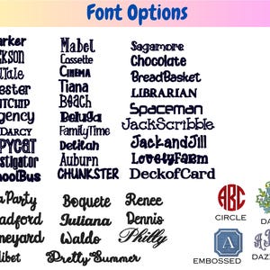 May include: A chart of font options for embroidery designs. The fonts are displayed in black text on a white background. The fonts include: Marker, Jackson, TallTale, Chester, MINTCHIP, Regency, MRDARCY, COPYCAT, Investigator, SchoolBus, Tea Party, Bradford, Vineyard, Lilibet, Mabel, Cassette, CINEMA, Tiana, Beach, Beluga, Family Time, Delilah, Auburn, CHUNKSTER, Sagamore, Chocolate, Bread Basket, LIBRARIAN, Spaceman, JackScribble, JackandJill, LovelyFarm, DeckofCard, Boquete, Iuliana, Waldo, Pretty Summer, Renee, Dennis, Philly, ABC, CIRCLE, DAISY, A, A Be, EMBOSSED, DAZZLING.