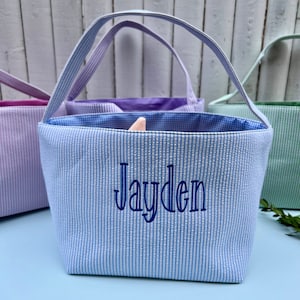 Personalized Seersucker Easter Basket Easter Gift for Kids, Custom Embroidered Seersucker Easter Basket, Embroidered Easter Basket,