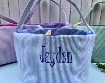 Personalized Seersucker Easter Basket: Custom Embroidered Gift for Kids