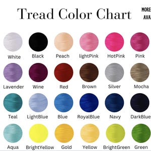 May include: Color chart showing thread colors for embroidery.  The colors include white, black, peach, light pink, hot pink, pink, lavender, wine, red, brown, silver, mocha, teal, light blue, blue, royal blue, navy, dark blue, aqua, bright yellow, gold, yellow, bright green, and green.
