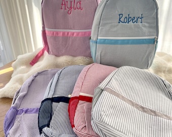 Personalized Seersucker Backpack: Embroidered Monogram Book Bag
