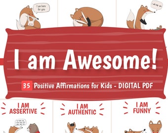 DIGITAL DOWNLOAD PDF - I am Awesome Positive Affirmation Cards for Kids - 35 Printable Cards