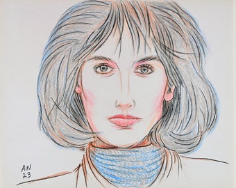 Colored pencil drawing by Allen Novak "Portrait of a Woman Wearing a Blue Turtleneck Blouse"