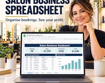 Salon Business Spreadsheet for Google Sheets: Appointments, Clients, Commission, Inventory & Profit