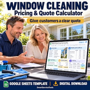 Pode incluir: Um modelo digital do Google Sheets para uma calculadora de preços e orçamentos de limpeza de janelas. O ecrã apresenta uma interface de folha de cálculo com secções para dados de clientes, contagem de janelas e orçamentos.