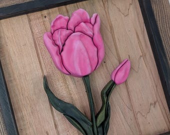 3D Carved Wood Art – Painted Tulip on Maple Backing | 10" x 10" | Framed & Ready to Hang