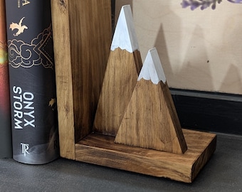 Wood Mountain Bookend Set | Rustic Bookshelf Decor | Set of 2 with Rubber Feet | Two Finish Options