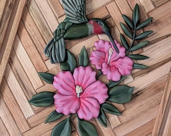 3D Carved Wood Art – Hummingbird & Hibiscus | Painted | Maple Herringbone Backing | Ready to Hang