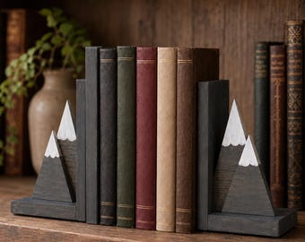 Wood Mountain Bookend Set | Rustic Bookshelf Decor | Set of 2 with Rubber Feet | Two Finish Options