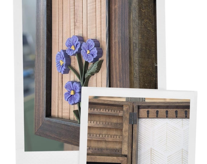 Featured listing image: Wood Wall-Mount Jewelry Cabinet | Floral 3D Art on Maple Front | Premade