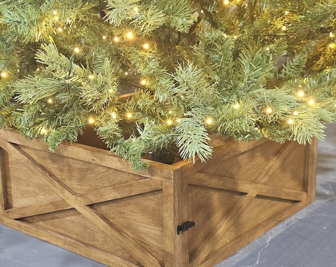 Featured listing image: Christmas Tree Skirt – Farmhouse “X” Design | Wood Folding Tree Base Collar