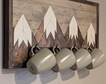 Mountain Coffee Mug Rack – Wood Mosaic Rustic Wall Art