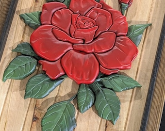 3D Wood Carved Rose Wall Art – Statement Floral Decor on Maple