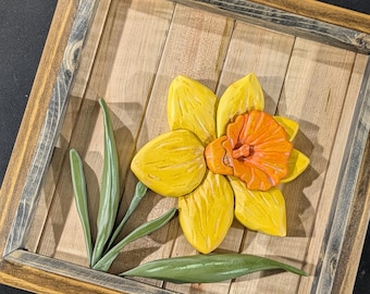 3D Carved Wood Art – Painted Daffodil on Maple Backing | 10" x 10" | Framed & Ready to Hang