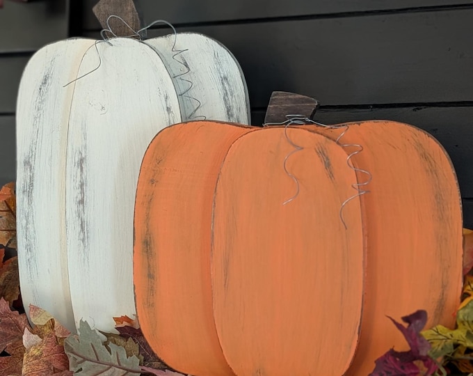 Featured listing image: Rustic Wood Pumpkin Set | Distressed Fall Décor with Metal Tendrils