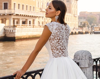 Individual size A-line silhouette Ornella wedding dress. Classic style by DevotionDresses